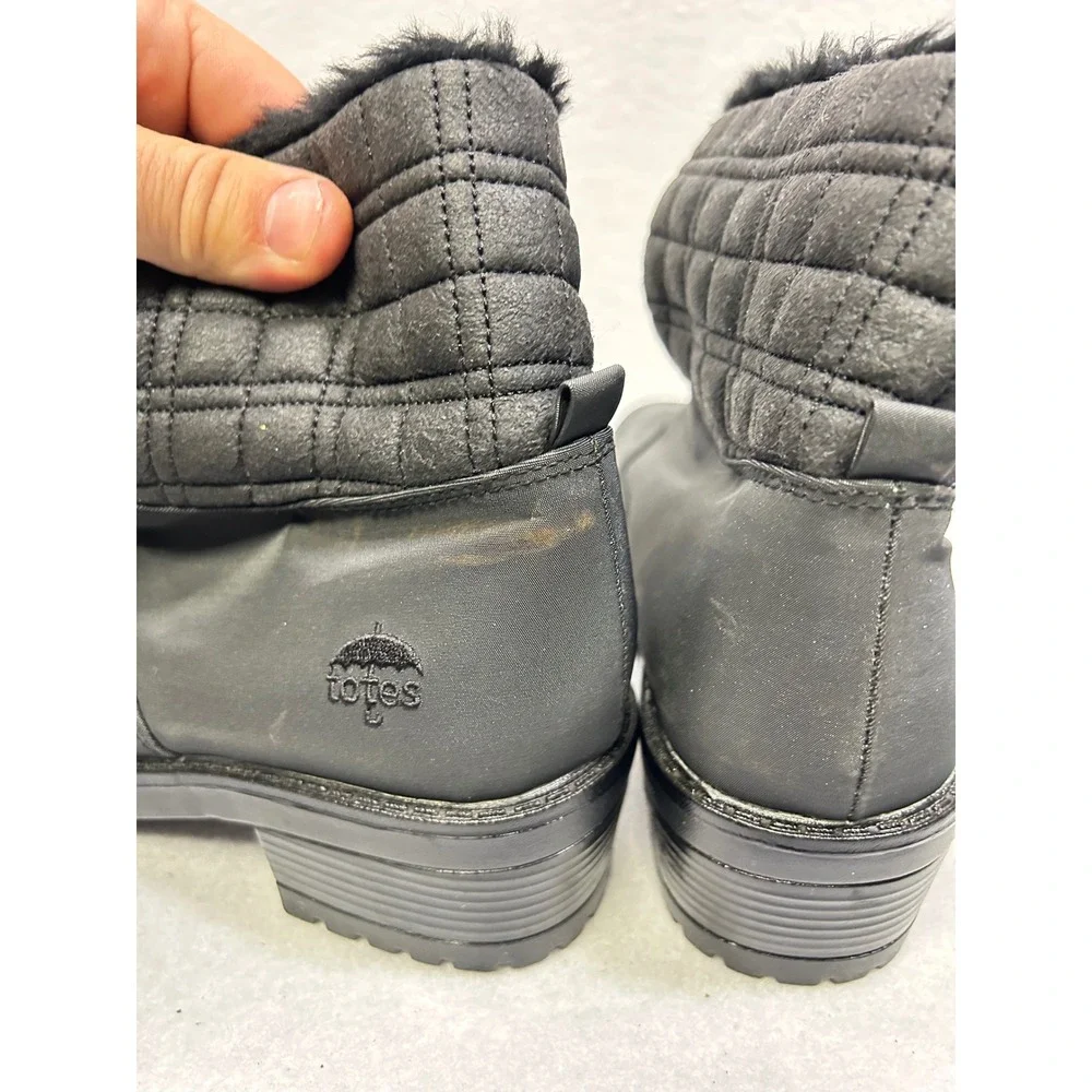 Totes Zippy Silkatex Winter Boots Womens 8 Black Faux Fur Trim Front Zip Quilted
